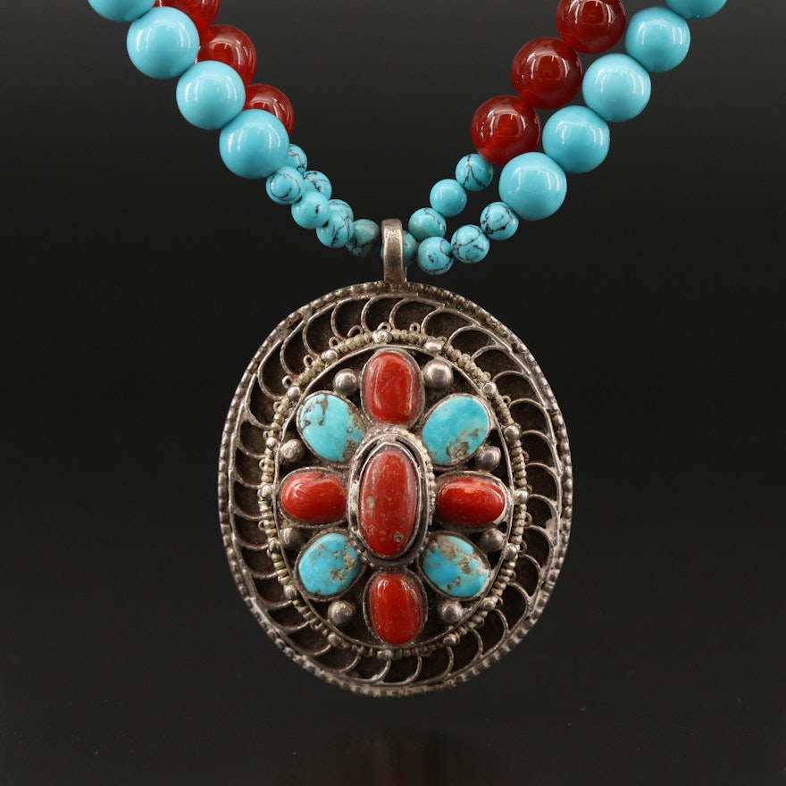 Vintage Sterling Turquoise and Coral Pendant on Double Strand Bead Necklace