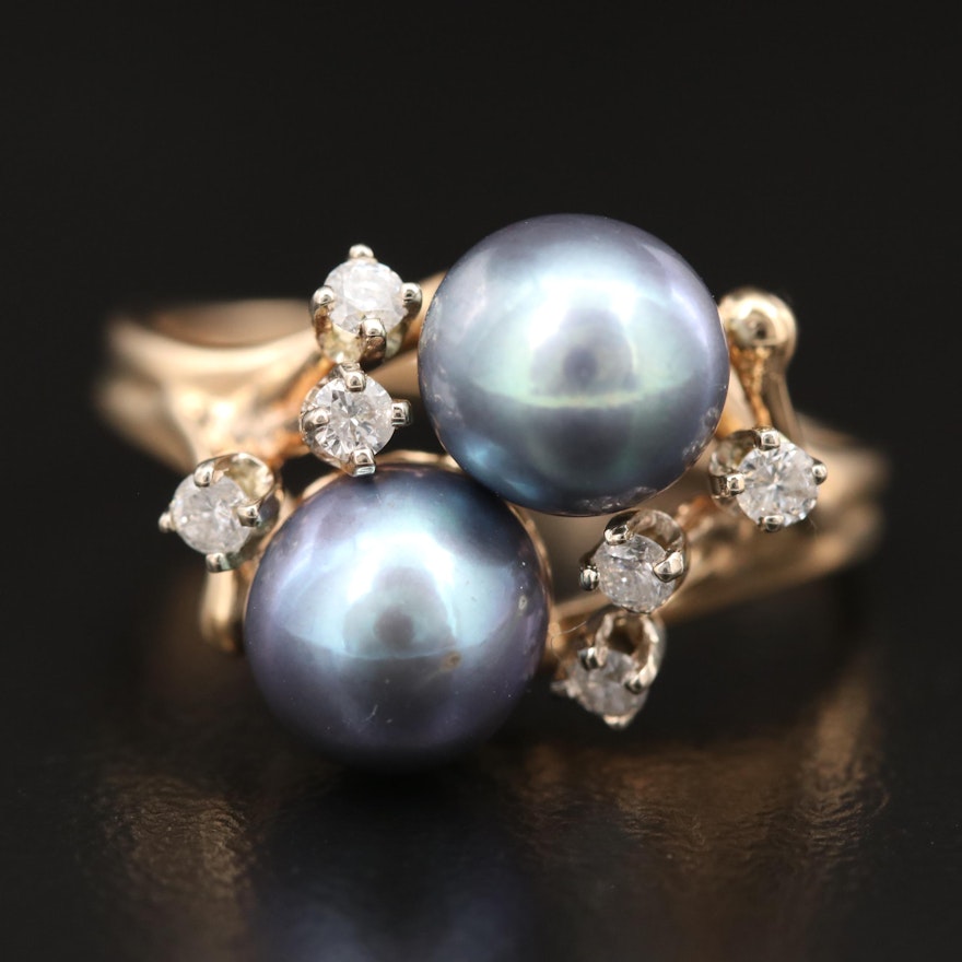 14K Double Pearl Ring with Diamond Accents