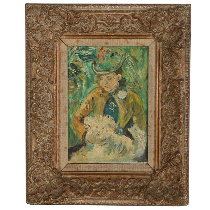 Oil Painting after Berthe Morisot "Young Girl with a Dog," Early 20th Century
