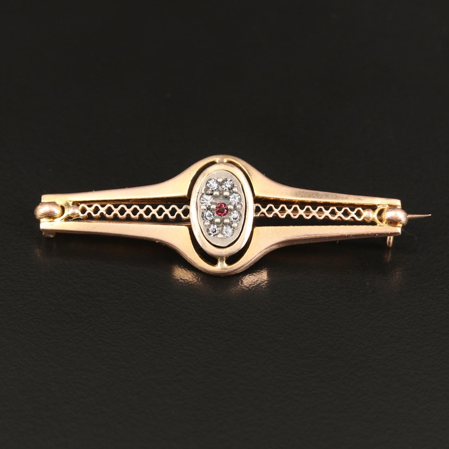 Victorian 10K Glass Bar Brooch with 800 Silver Accent