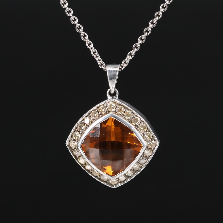 Malakan Sterling Silver Citrine and Diamond Halo Pendant Necklace