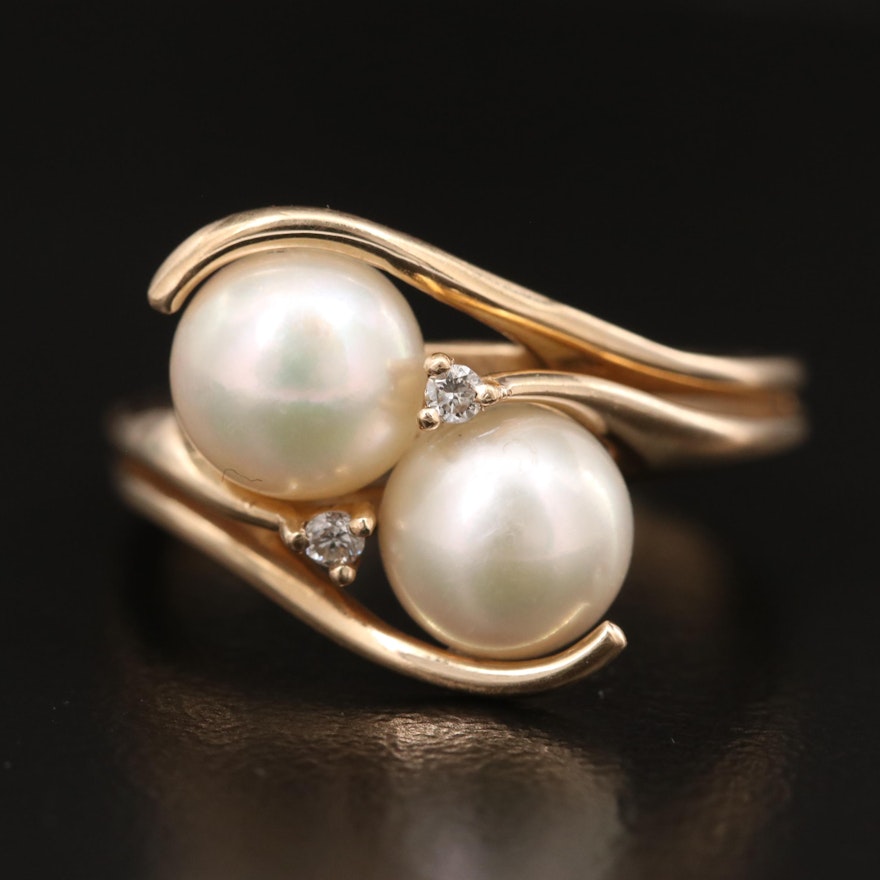 14K Double Pearl and Diamond Ring