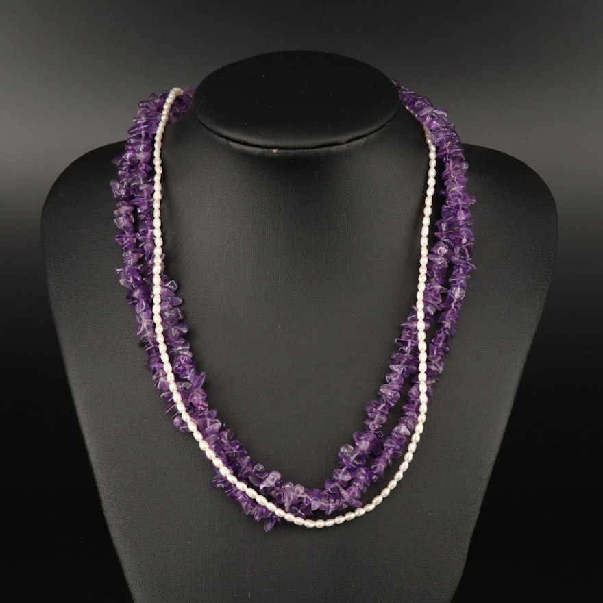 Amethyst and Pearl Torsade Necklace with Sterling Silver Clasp