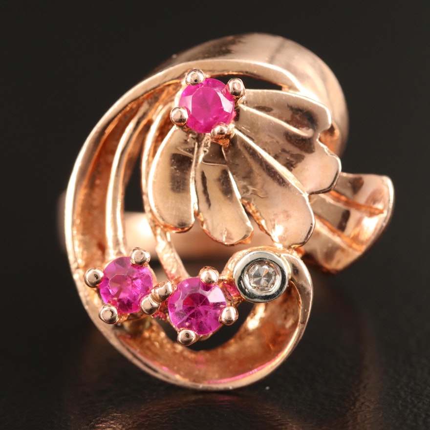 14K Rose Gold Ruby and Diamond Retro Style Ring
