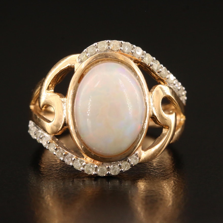 Sterling Silver Opal and Diamond Ring with Bypass Design