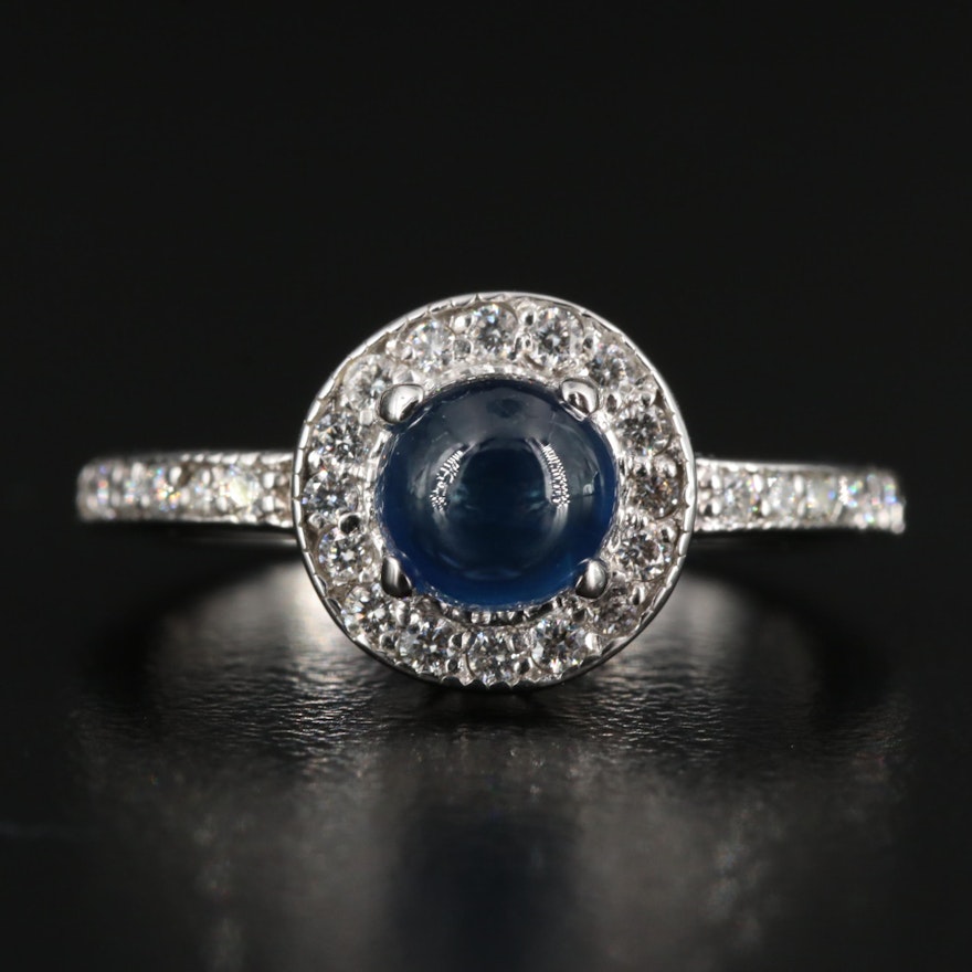 14K Sapphire Ring with Diamond Lined Shoulders and Halo