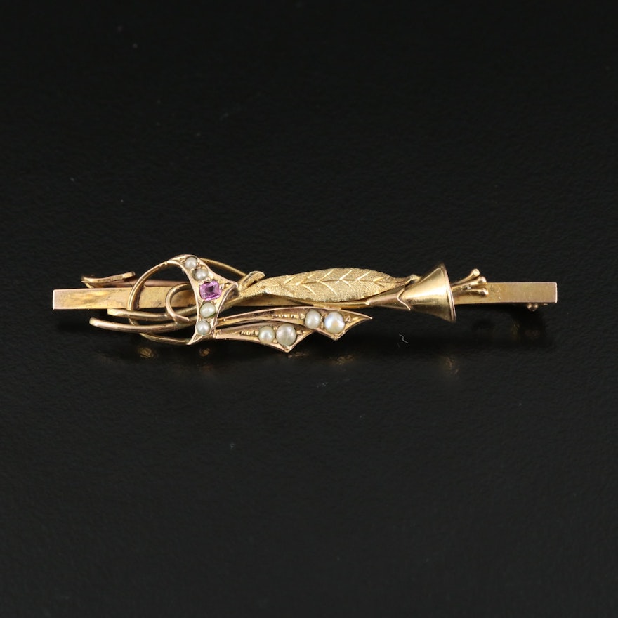 Victorian 9K Pink Sapphire and Seed Pearl Brooch