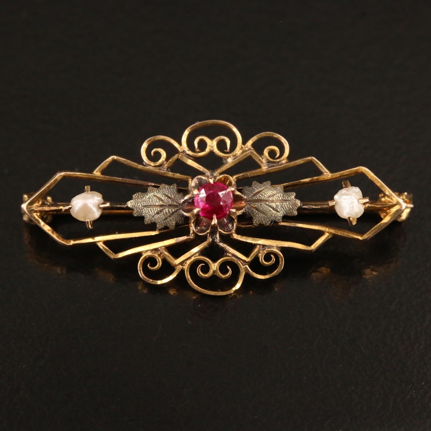 Early 1900s Ostby & Barton 10K Ruby and Seed Pearl Brooch