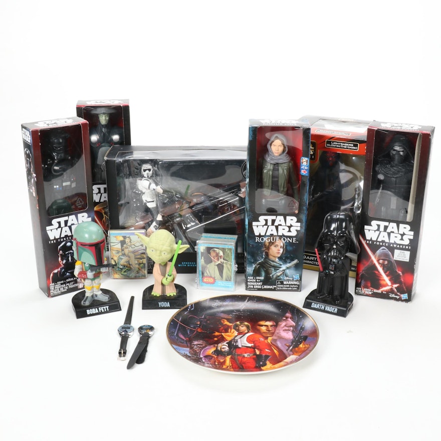 Star Wars Toys, Bobble Heads, Collectible Figures, Plate, and Trading Cards