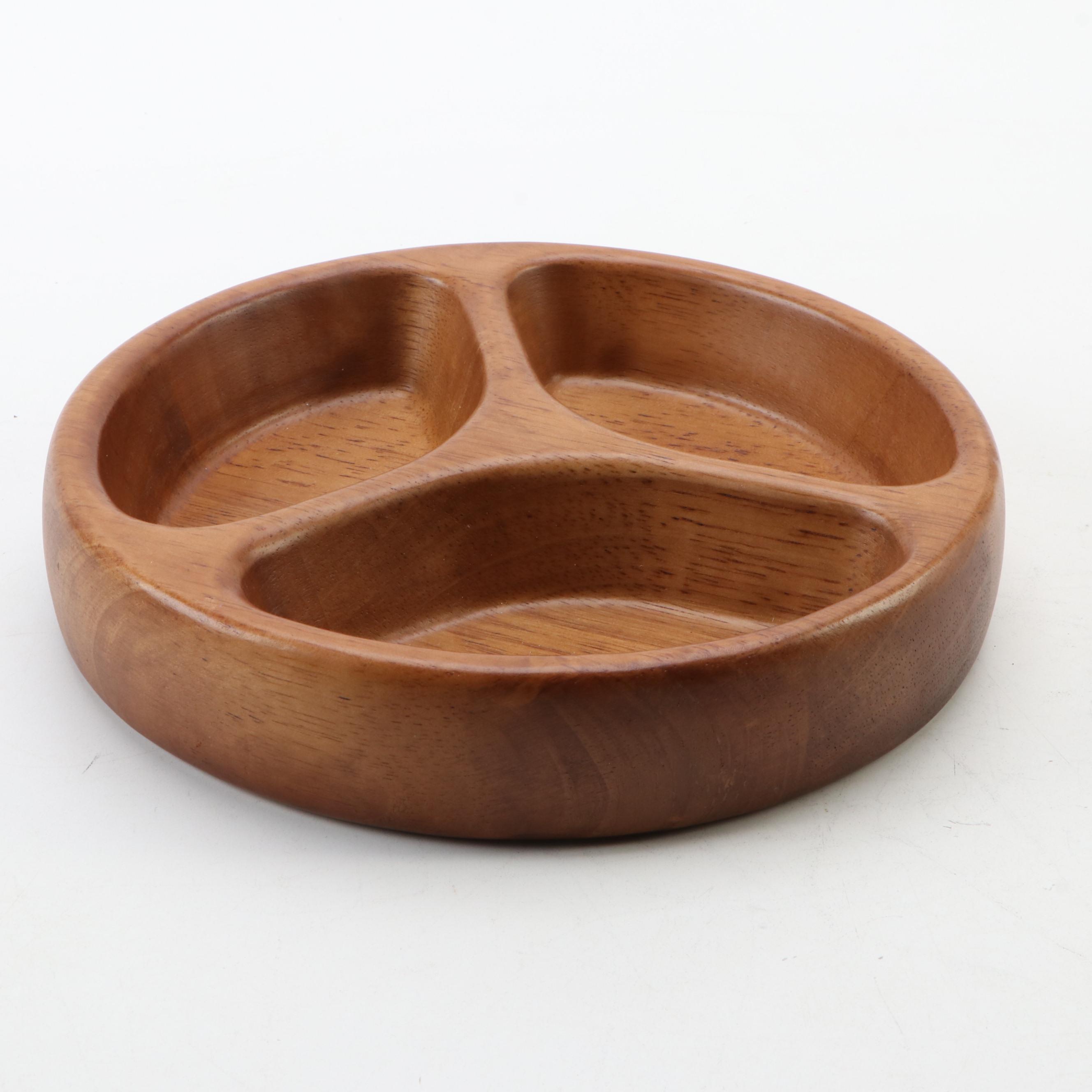 Dansk Teak Divided Bowl with Turned Wood Serving Utensils with Chopsticks