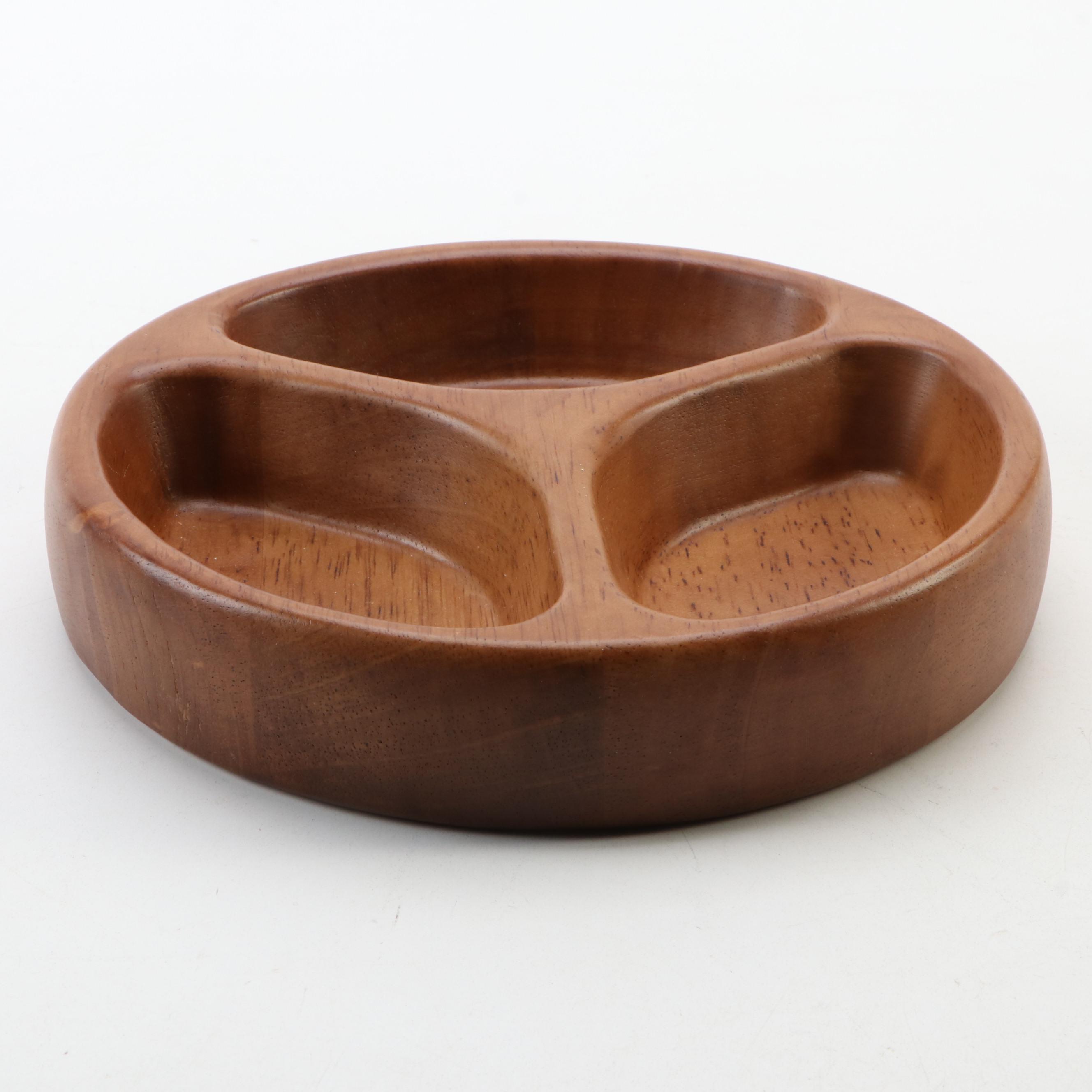 Dansk Teak Divided Bowl with Turned Wood Serving Utensils with Chopsticks