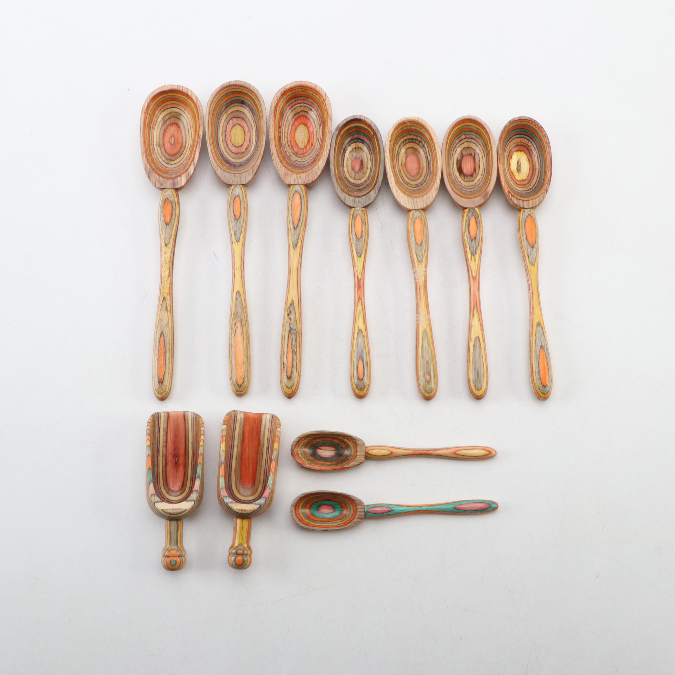 Dansk Teak Divided Bowl with Turned Wood Serving Utensils with Chopsticks