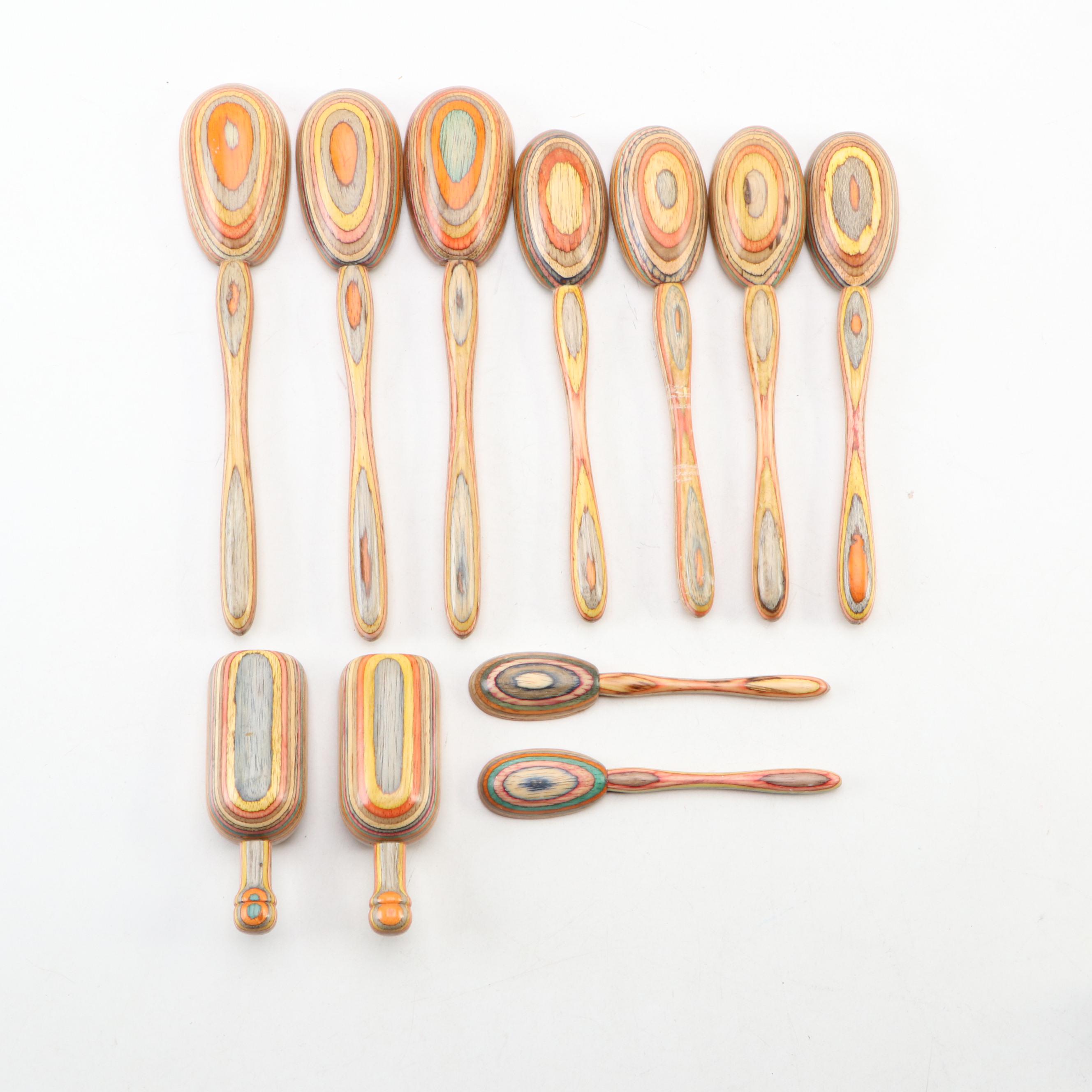 Dansk Teak Divided Bowl with Turned Wood Serving Utensils with Chopsticks