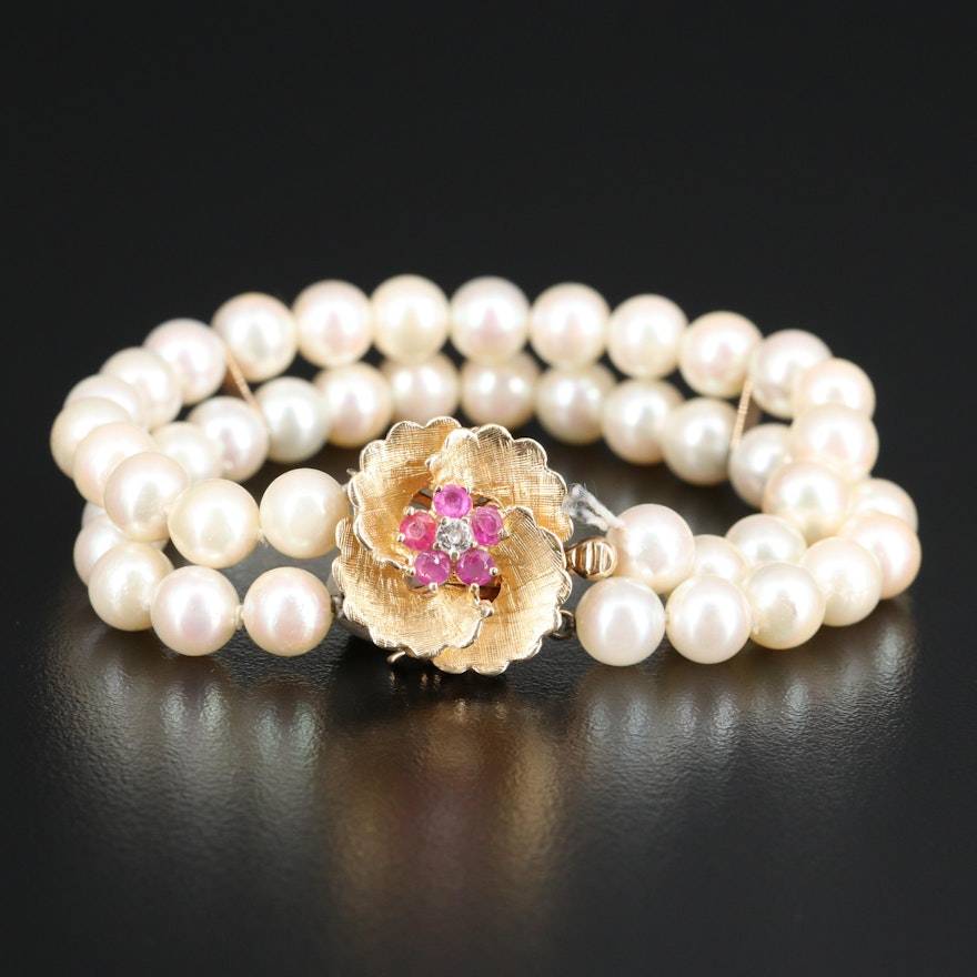 Pearl Double Strand Bracelet with Diamond and Ruby Floral Clasp