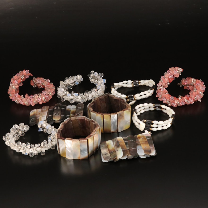 Assortment of Bracelets Featuring Hematite and Mother of Pearl