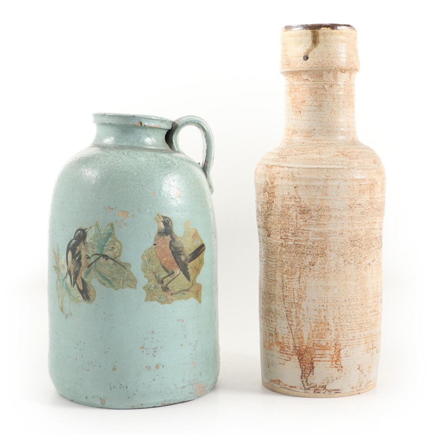 Painted Stoneware Jug with Bird Transfer and Glazed Stoneware Vase