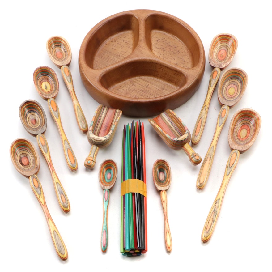 Dansk Teak Divided Bowl with Turned Wood Serving Utensils with Chopsticks