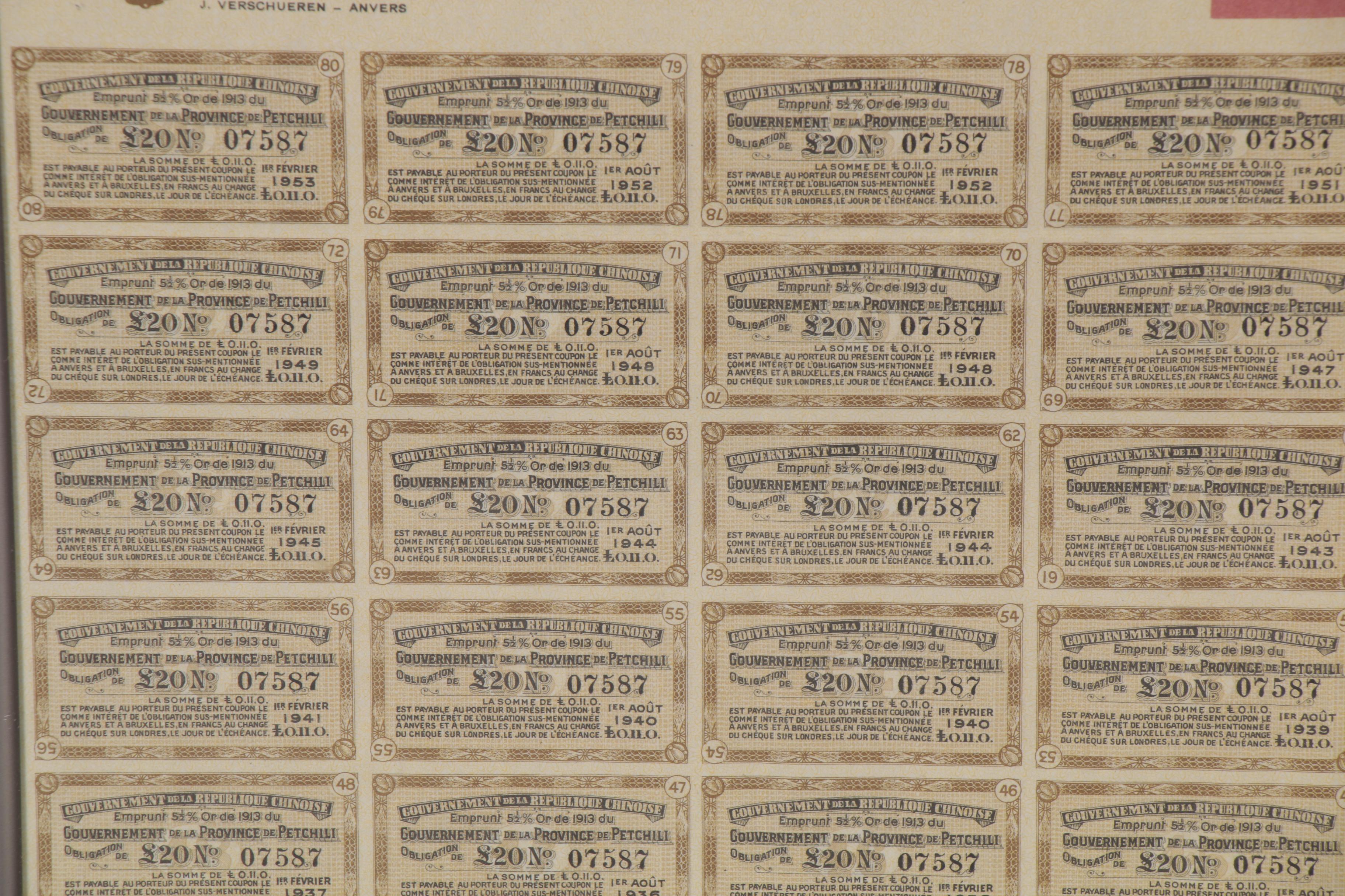 Chinese Province of Petchili Gold Certificate and Coupons, 1913