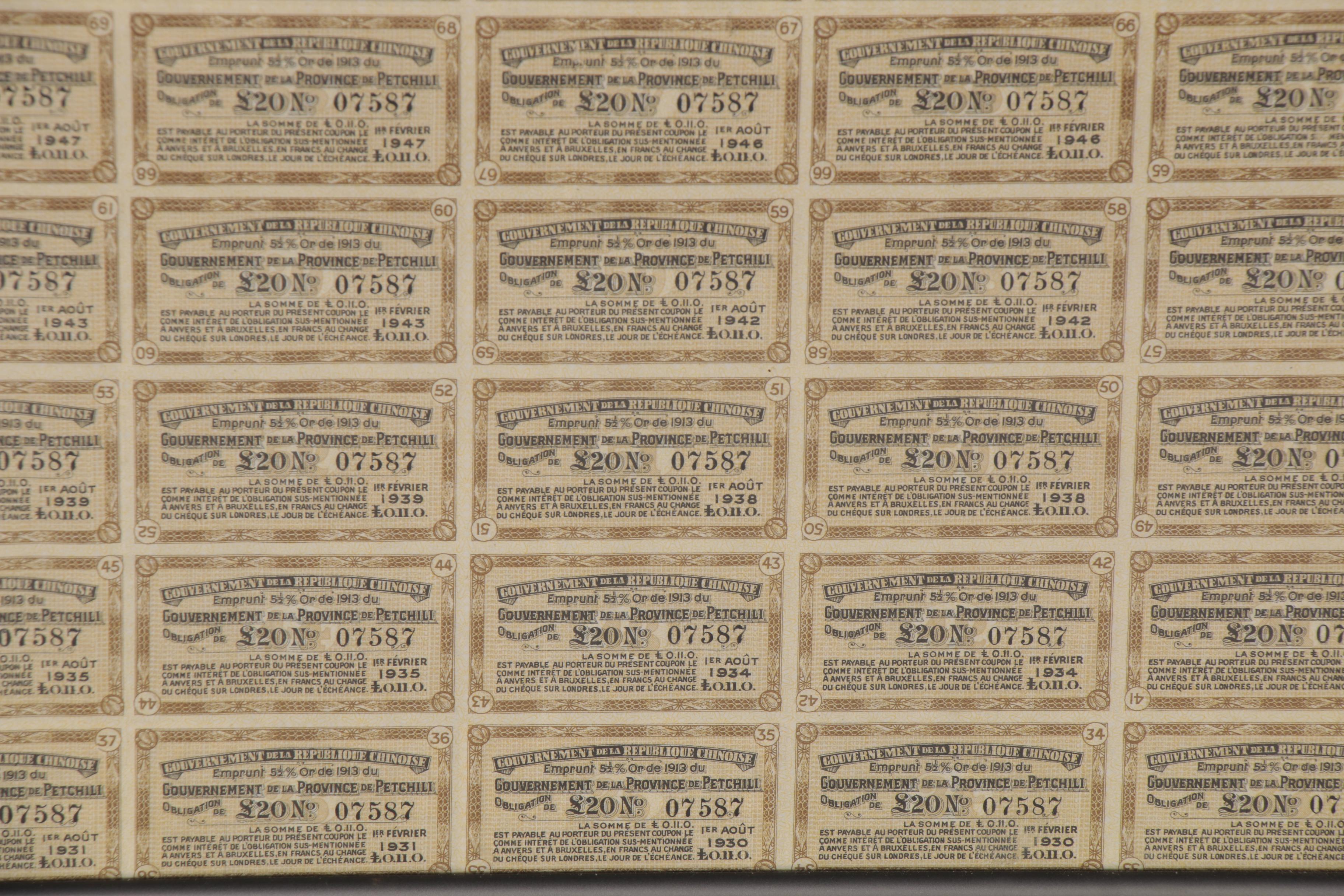 Chinese Province of Petchili Gold Certificate and Coupons, 1913