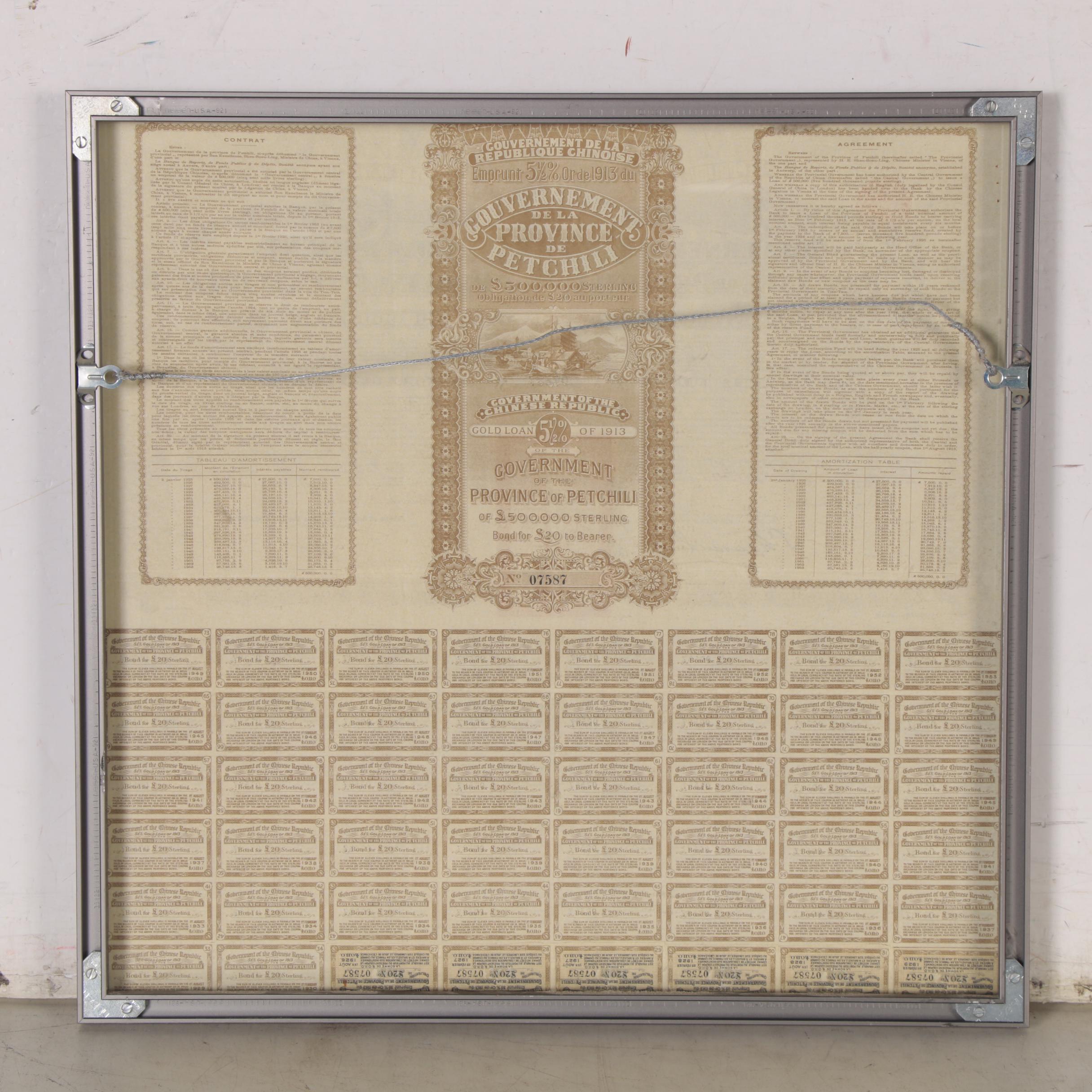 Chinese Province of Petchili Gold Certificate and Coupons, 1913