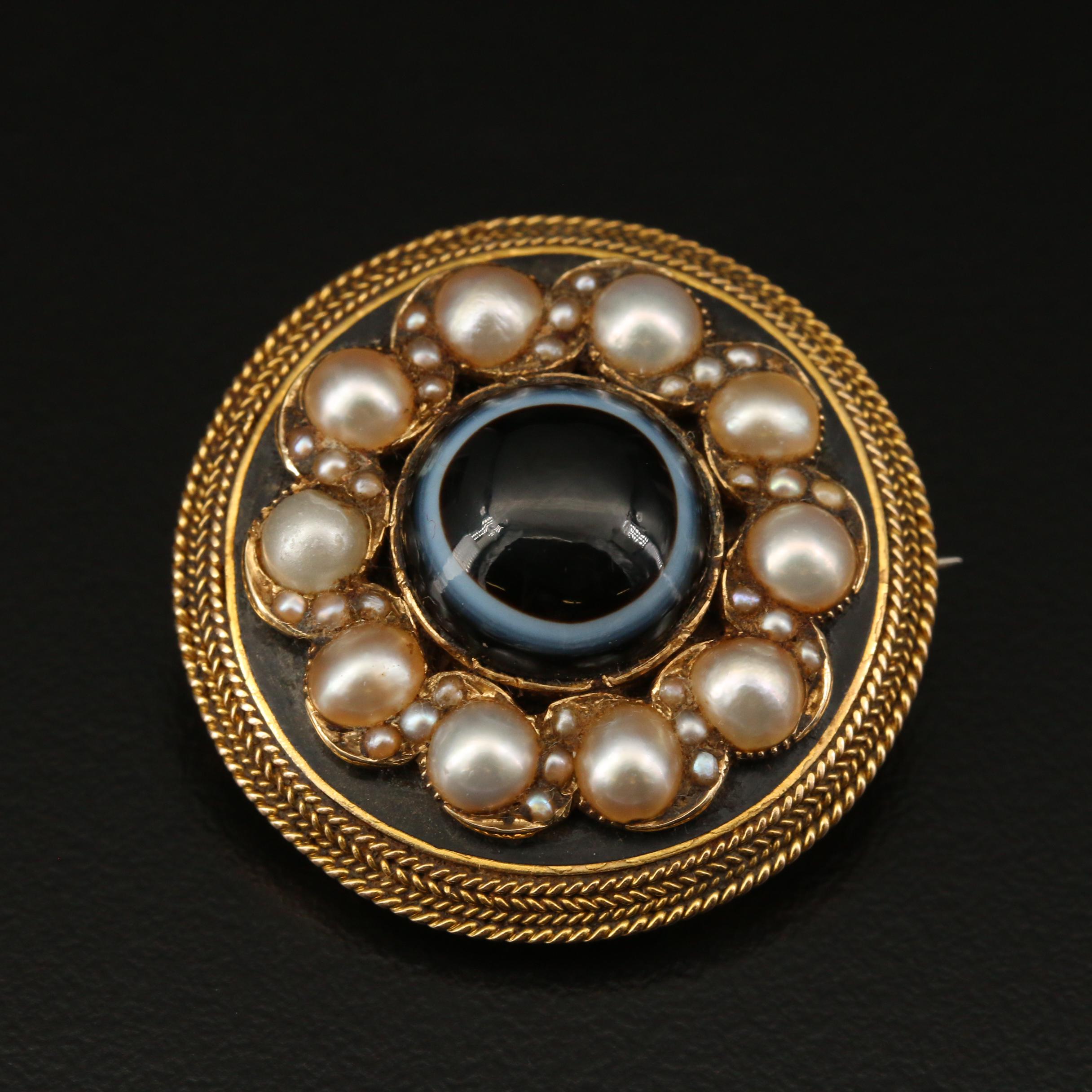 Mid-Victorian 14K Onyx and Seed Pearl Mourning Brooch with Chamber