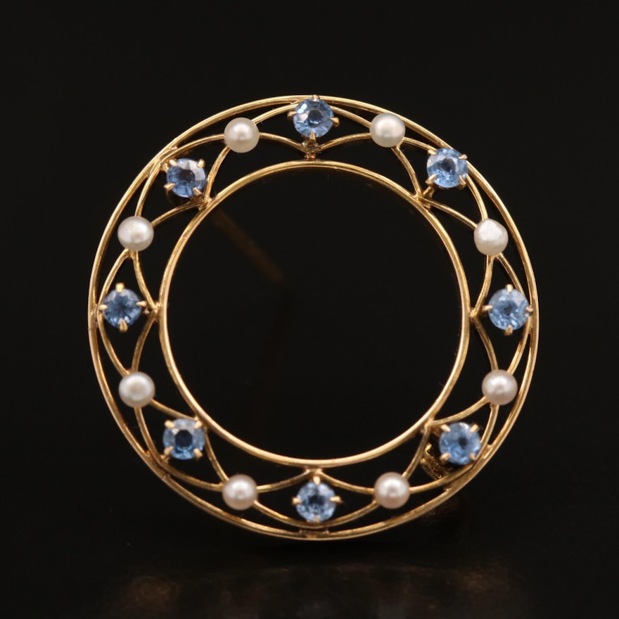 Early 1900s Gibson Krugler Co. 14K Sapphire and Seed Pearl Circle Brooch