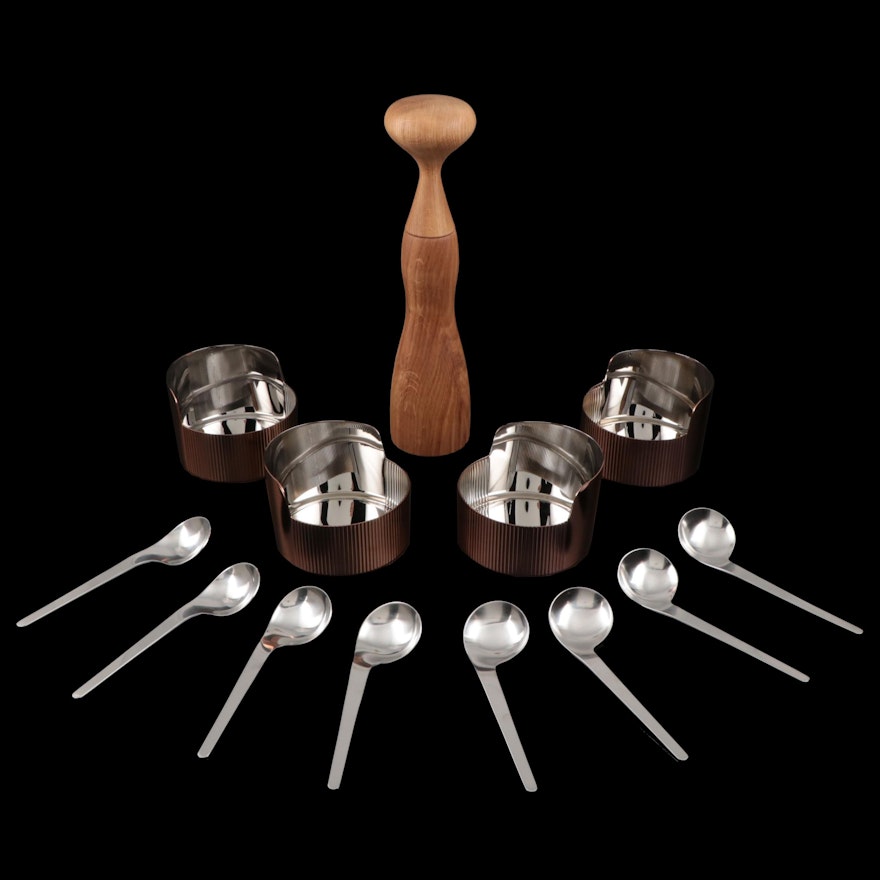 Georg Jensen "Urkiola" Stainless Steel Bowls with Pepper Mill and Spoons