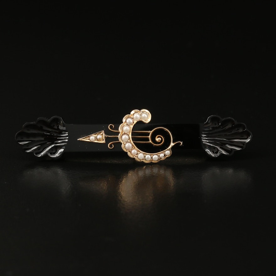 Victorian 14K Black Onyx and Seed Pearl Mourning Bar Brooch