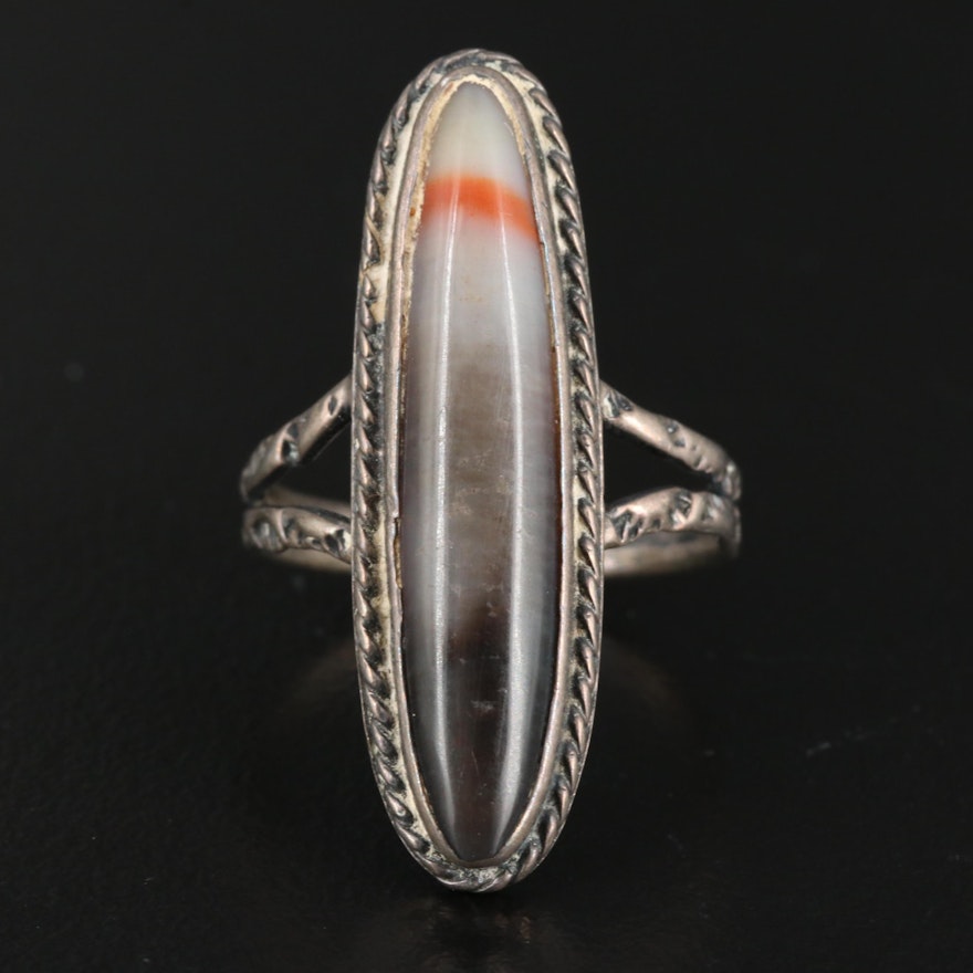 Western Style Sterling Silver Banded Agate Navette Ring