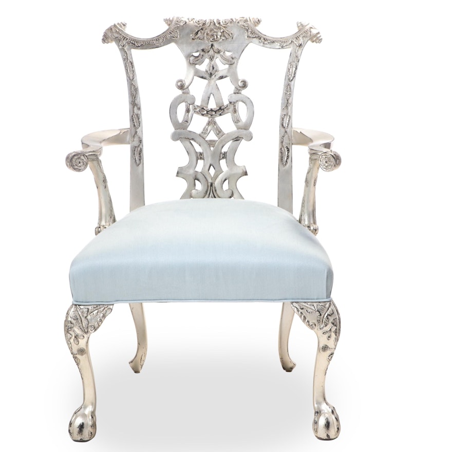 Chippendale Style Silver-Leafed Upholstered Arm Chair