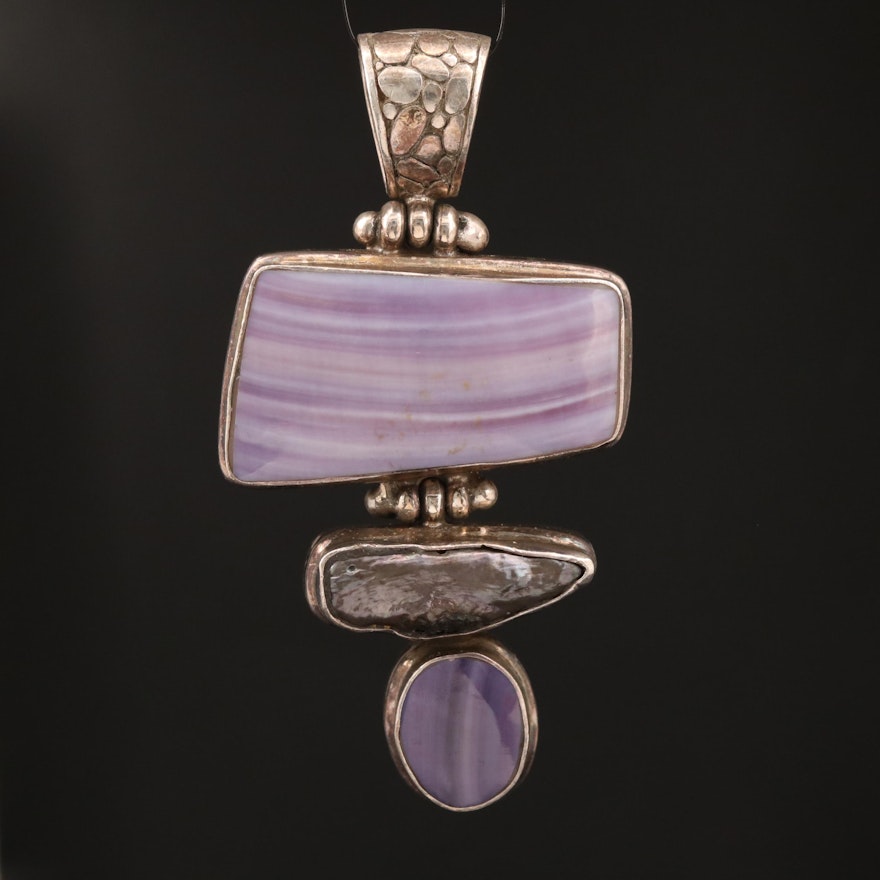 Sterling Silver Agate and Pearl Pendant with Cobblestone Style Bail