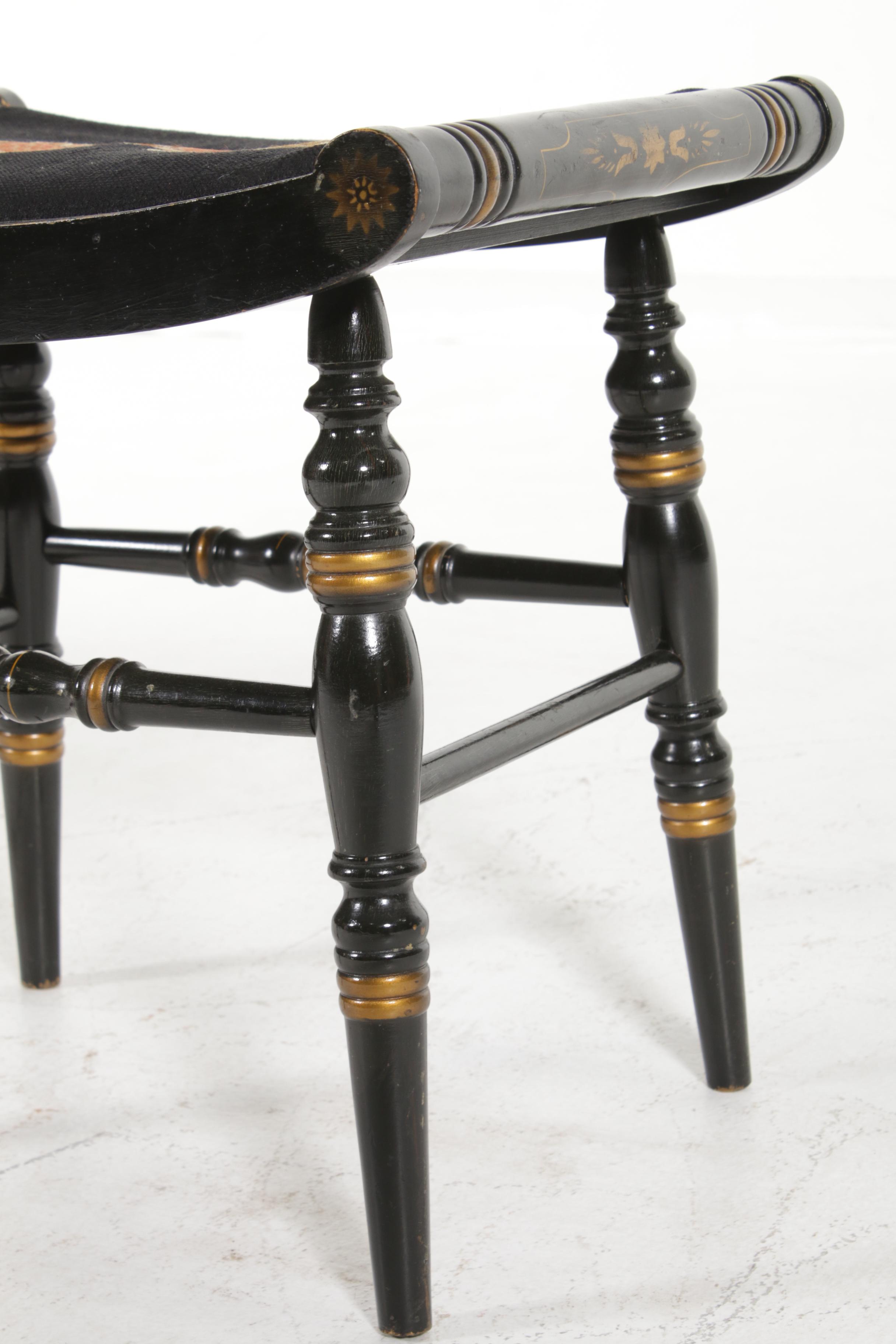 Hitchcock Stencil-Painted Black Stool with Needlepoint Seat, Mid-20th Century