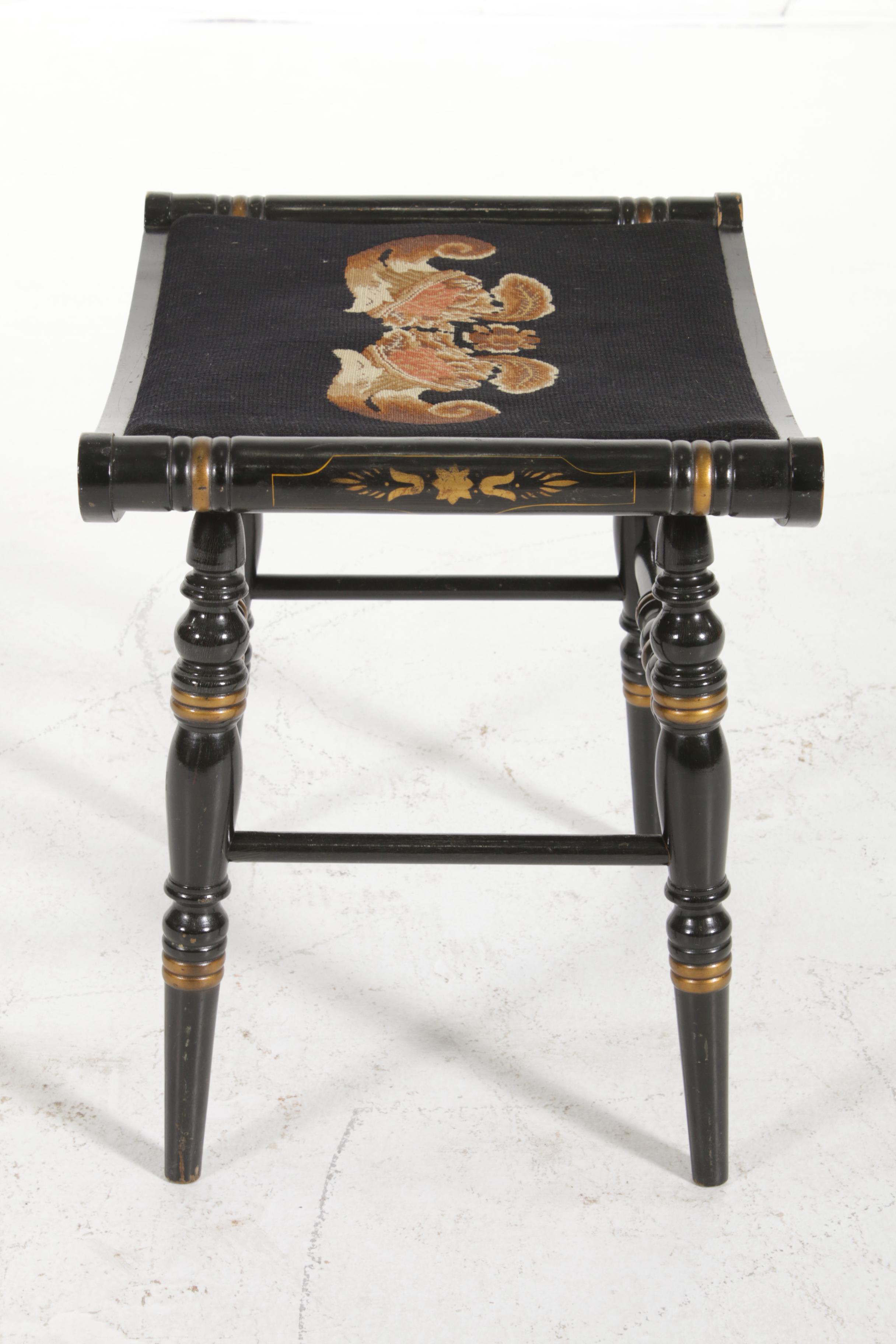 Hitchcock Stencil-Painted Black Stool with Needlepoint Seat, Mid-20th Century