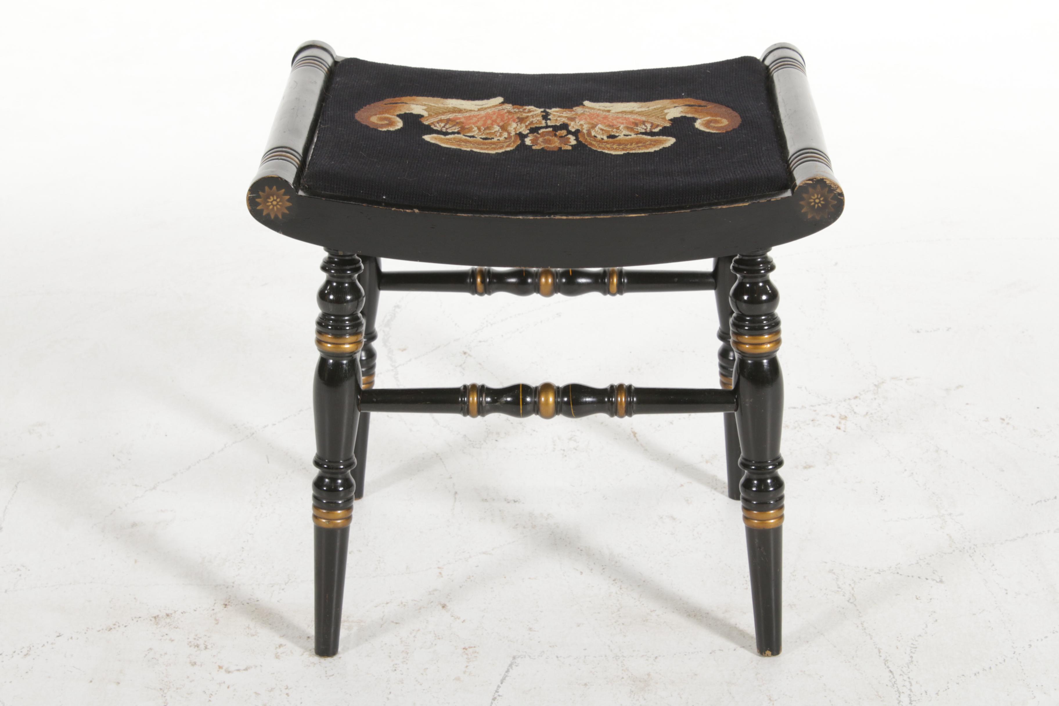 Hitchcock Stencil-Painted Black Stool with Needlepoint Seat, Mid-20th Century