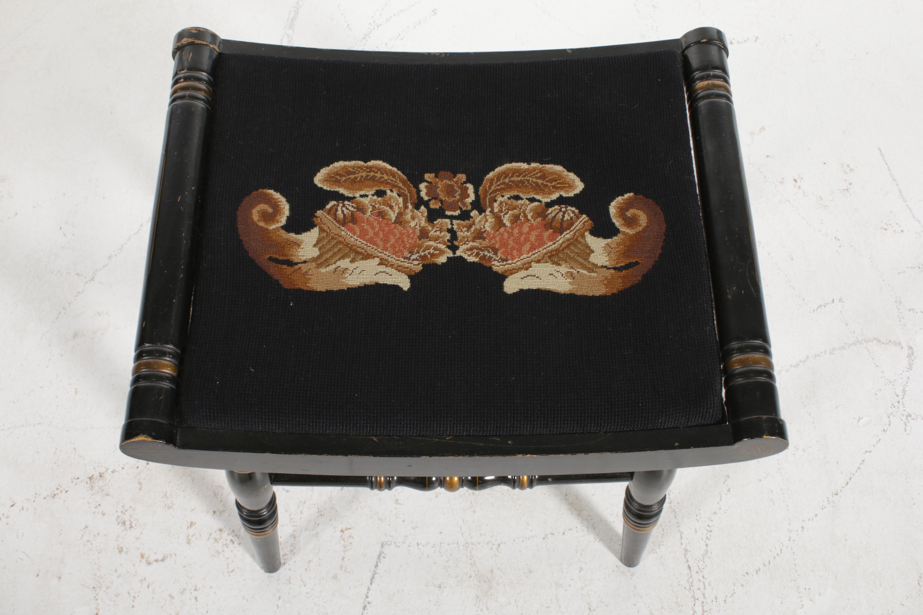 Hitchcock Stencil-Painted Black Stool with Needlepoint Seat, Mid-20th Century