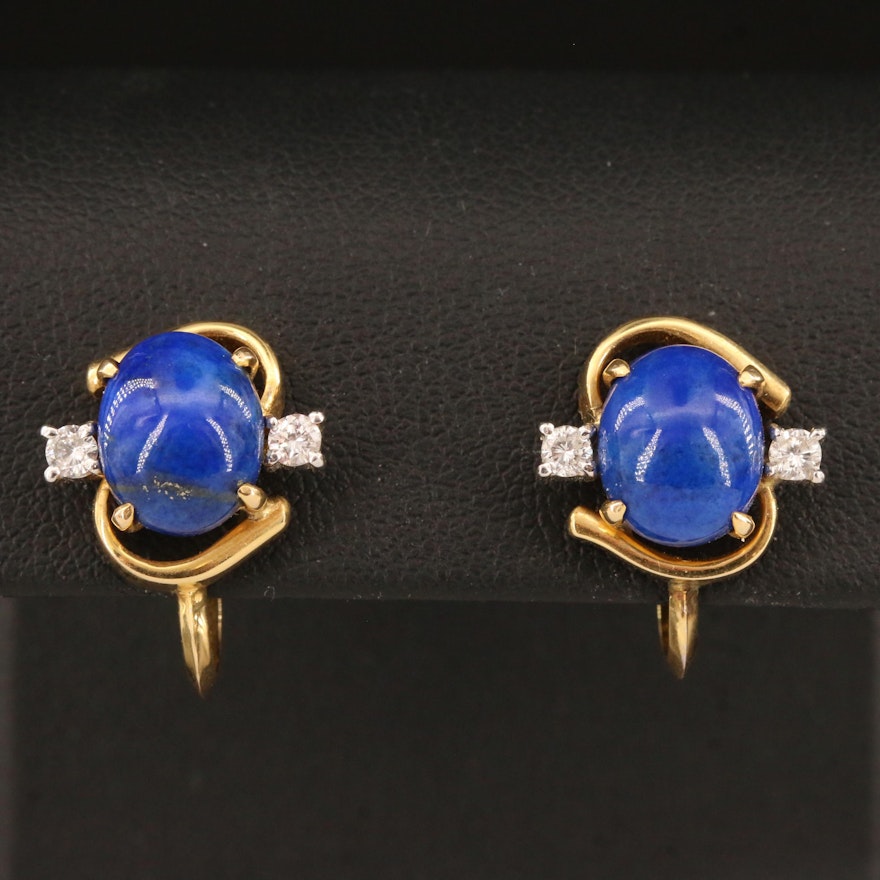 Vintage 14K Lapis Lazuli and Diamond French Screw Back Earrings
