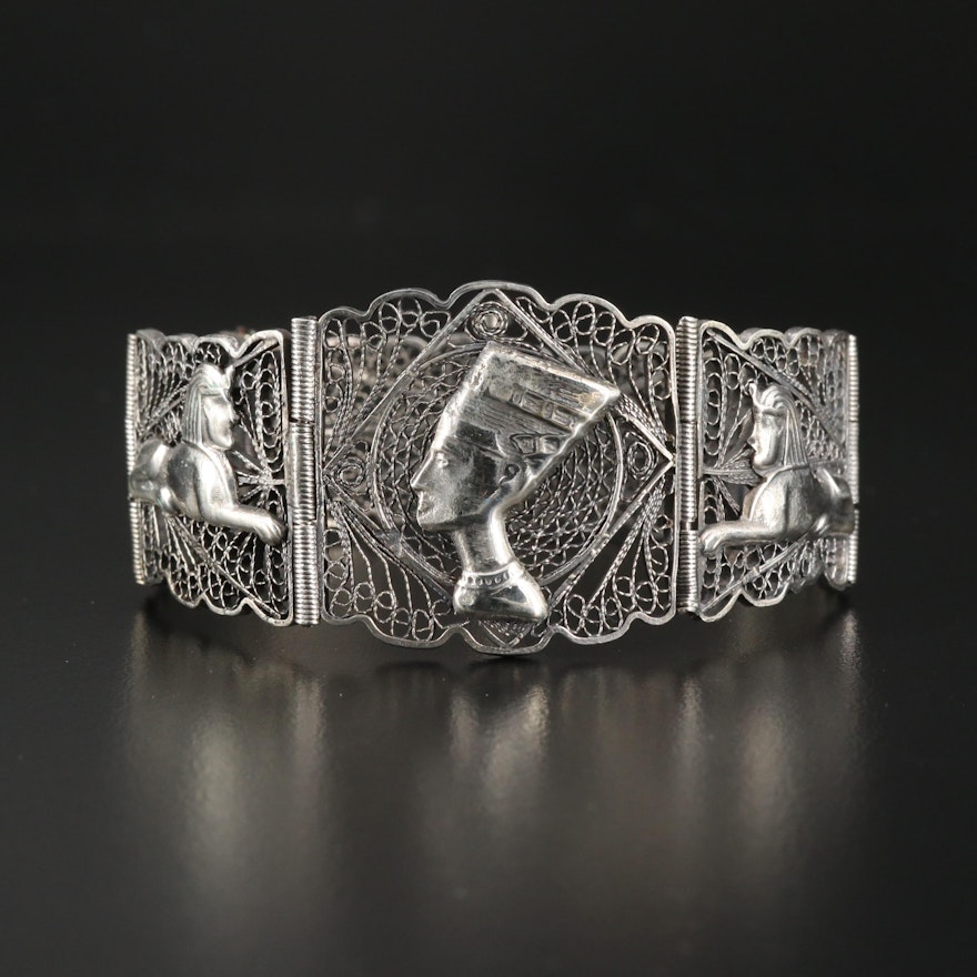 Egyptian Motif Sterling Silver Filigree Panel Bracelet