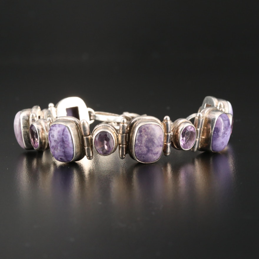 Sterling Silver Charoite and Amethyst Link Bracelet