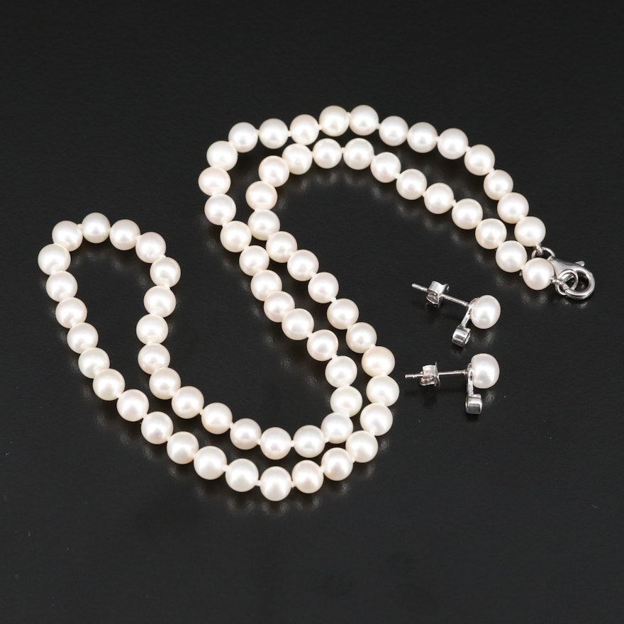 Knotted Pearl Necklace with Pearl and Cubic Zirconia Earrings