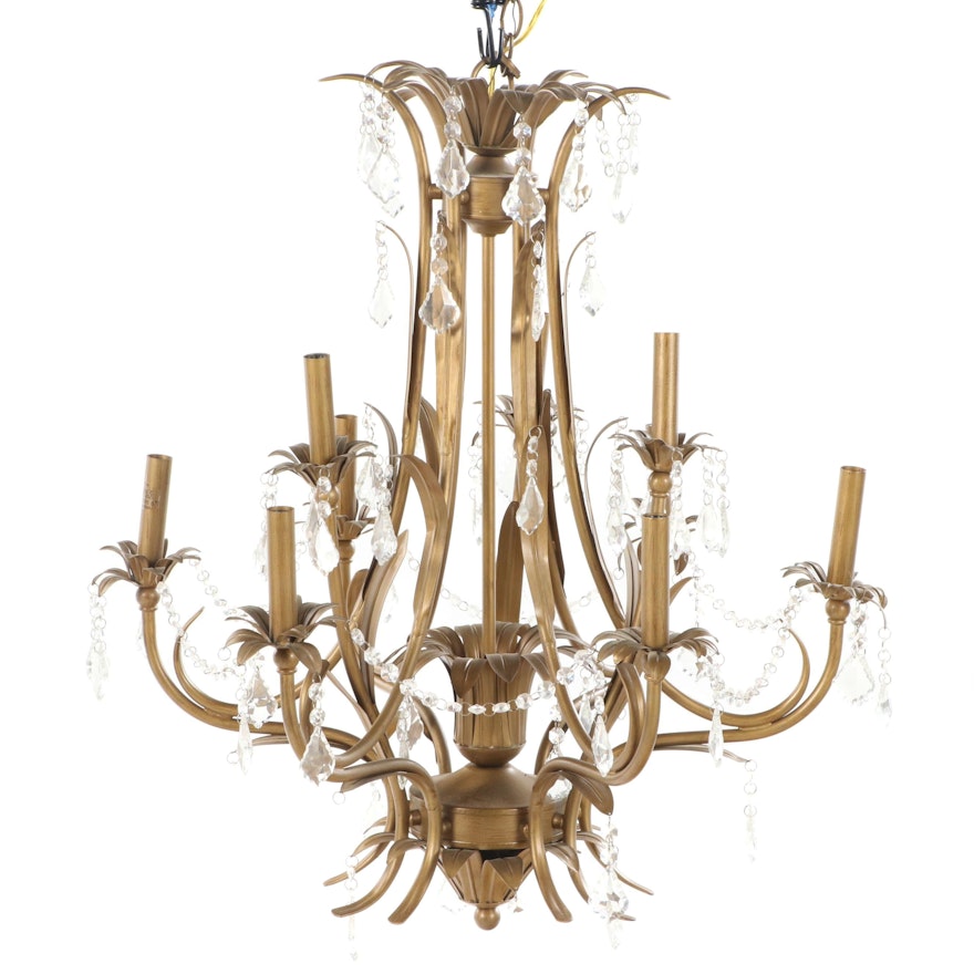 Italian Mid Century Gilt Metal Chandelier with Hanging Prisms, Mid 20th Century