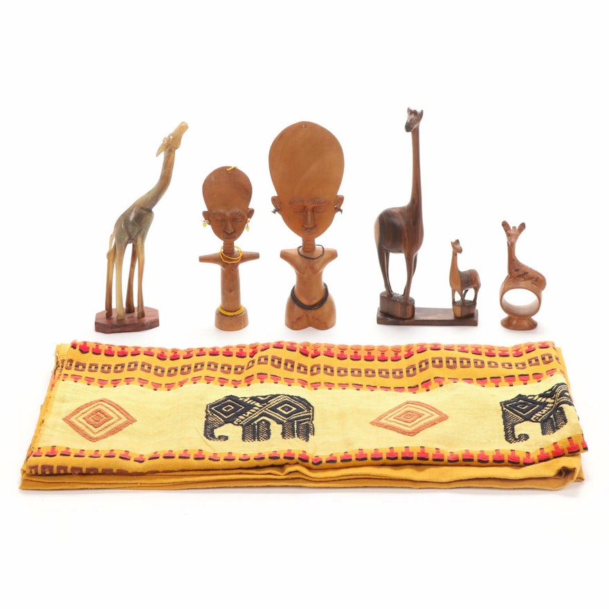 Indian and Kenyan Hand-Carved Souvenirs Including Horn Giraffe