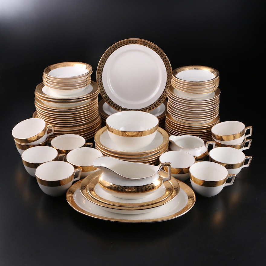 Encrusted 18K Gold Accented Earthenware Dinnerware, 20th Century