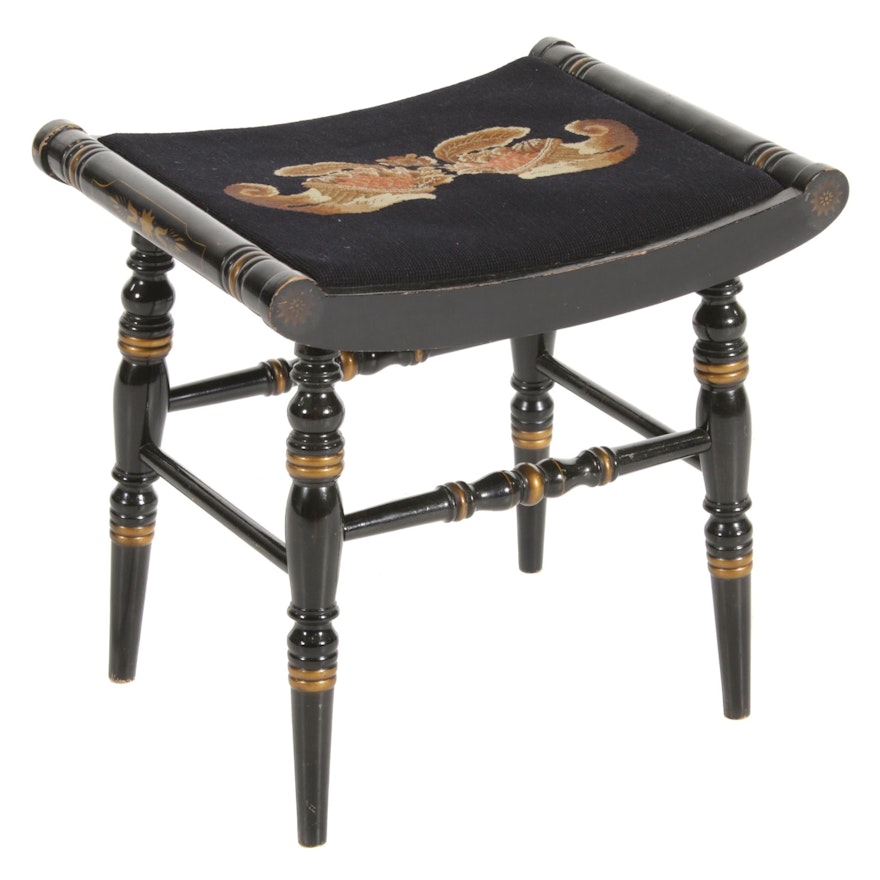 Hitchcock Stencil-Painted Black Stool with Needlepoint Seat, Mid-20th Century