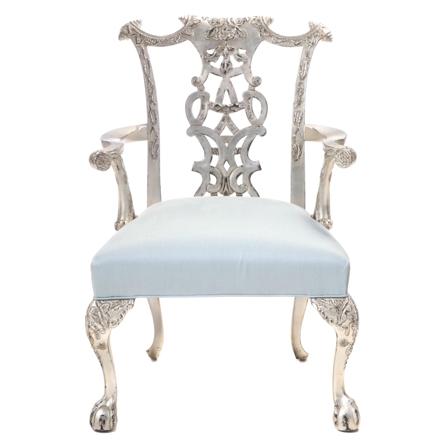 Chippendale Style Silver-Leafed Upholstered Arm Chair