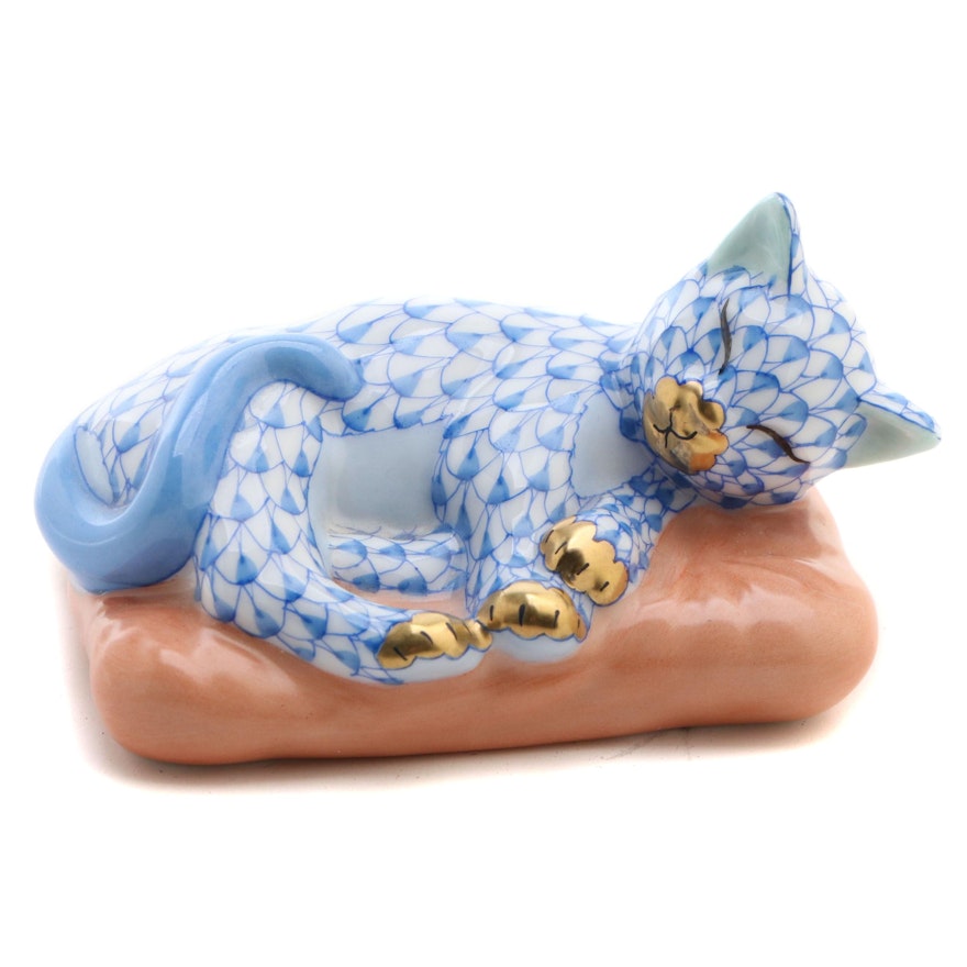 Herend Blue Fishnet with Gold "Cat on Pillow" Porcelain Figurine