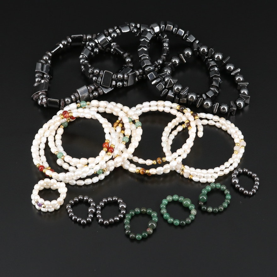 Assorted Jewelry Featuring Pearl Wrap Bracelets, Hematite Bracelets and Rings