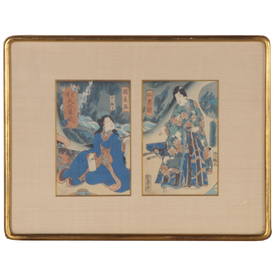 Kunisada Ukiyo-e Woodblock Diptych, Mid-19th Century