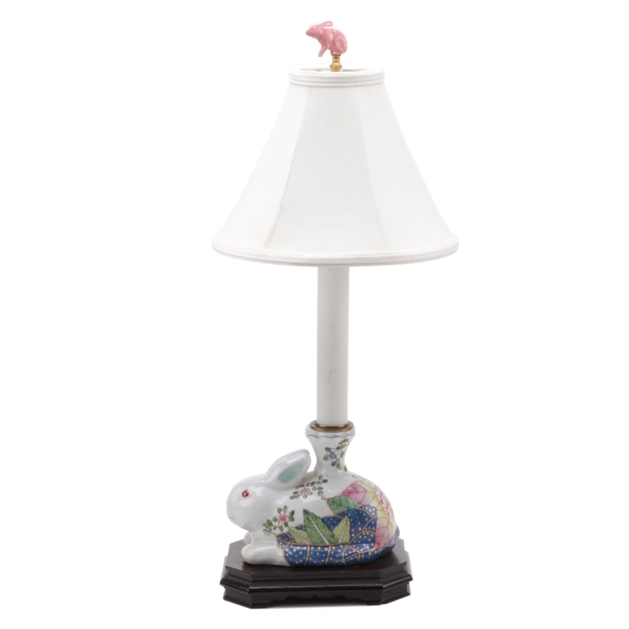 Hand-Painted Tobacco Leaf Porcelain Bunny Table Lamp, Late 20th C.