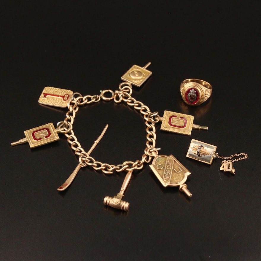 Circa 1940 10K School Jewelry with Ruby and Enamel Accents