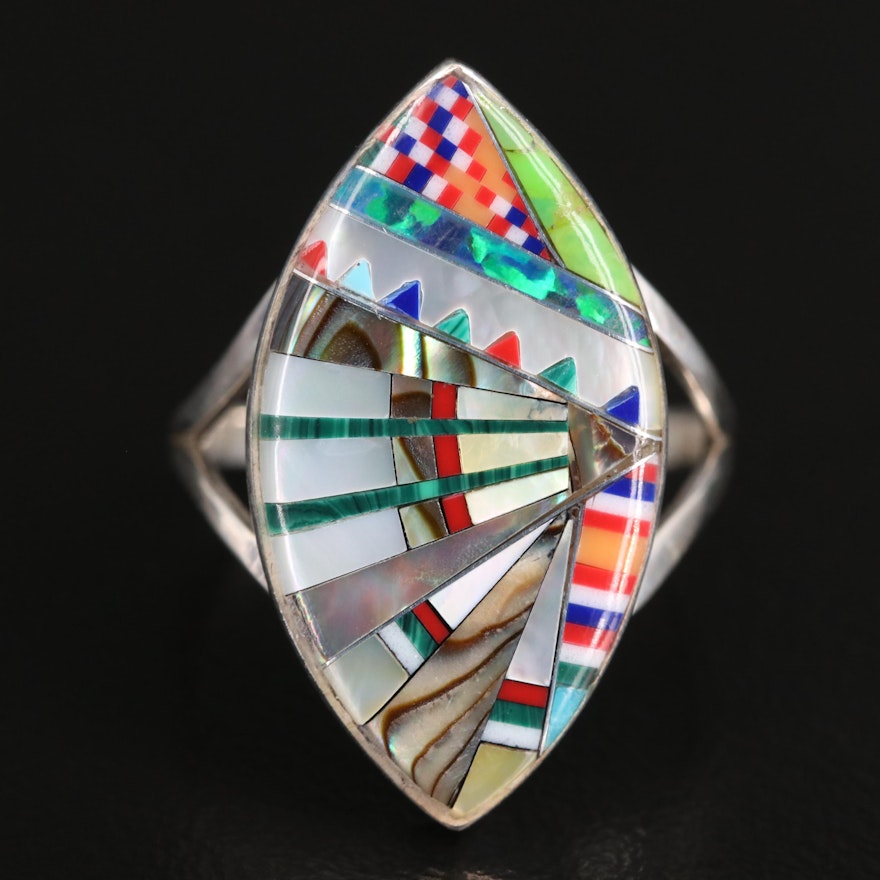 Sterling Silver Mother of Pearl, Abalone and Turquoise Ring